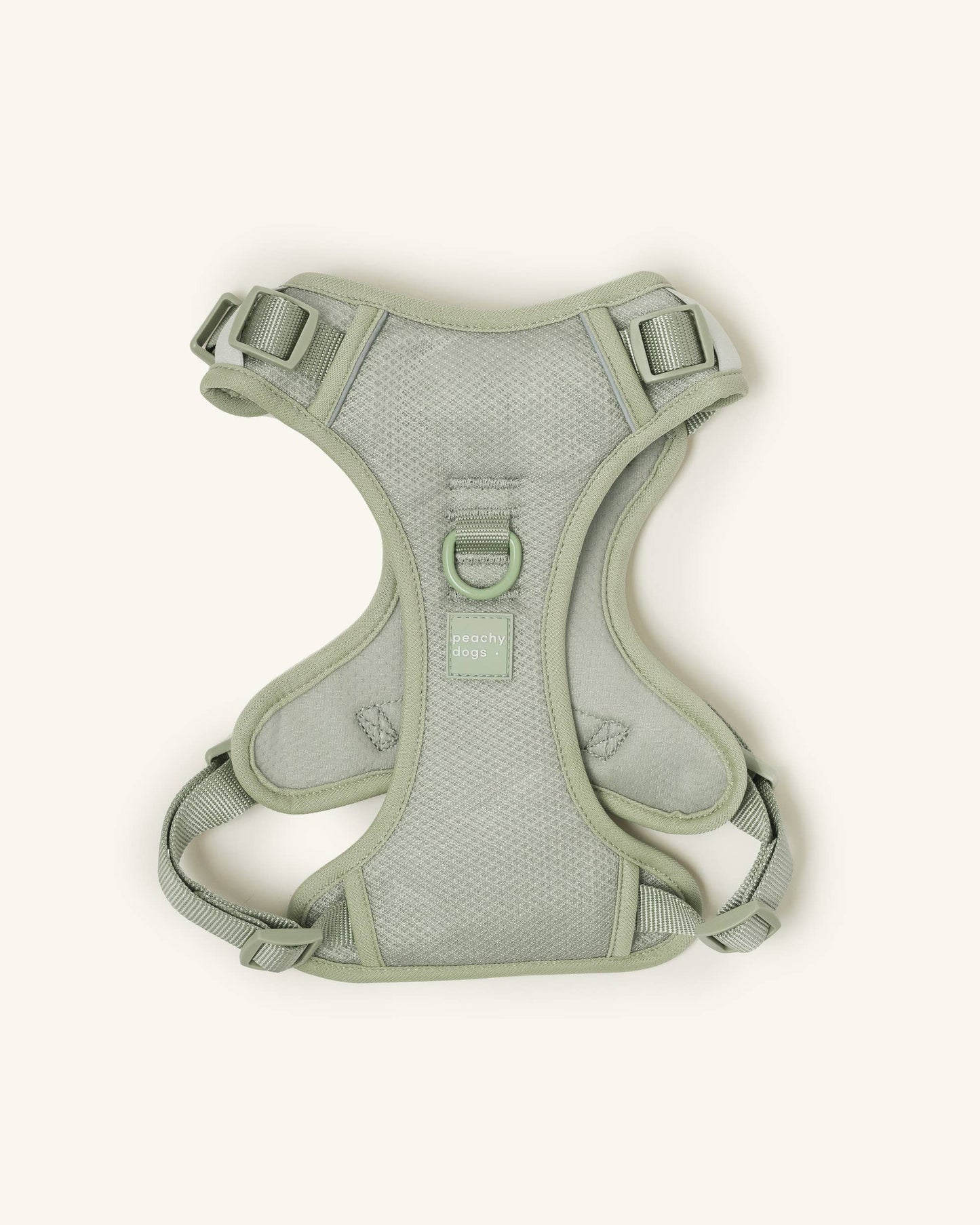 Peachy Dogs Classic 2.0 Harness in Matcha green, displayed flat on a neutral background, highlighting its breathable mesh design and adjustable straps.